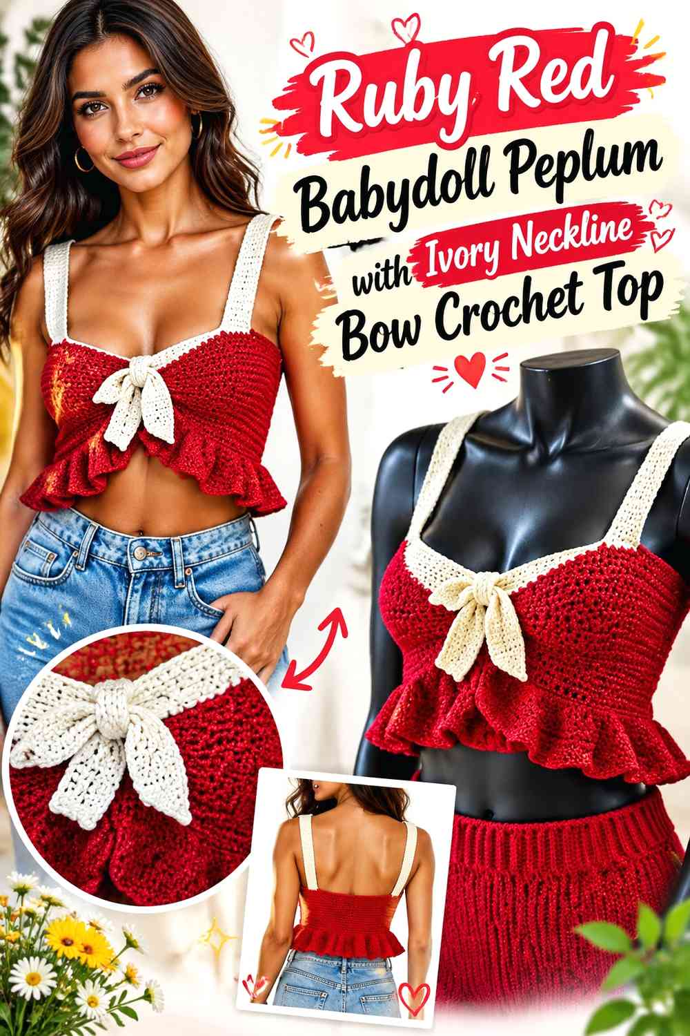 Ruby Red Babydoll Peplum with Ivory Neckline Bow Crochet Top