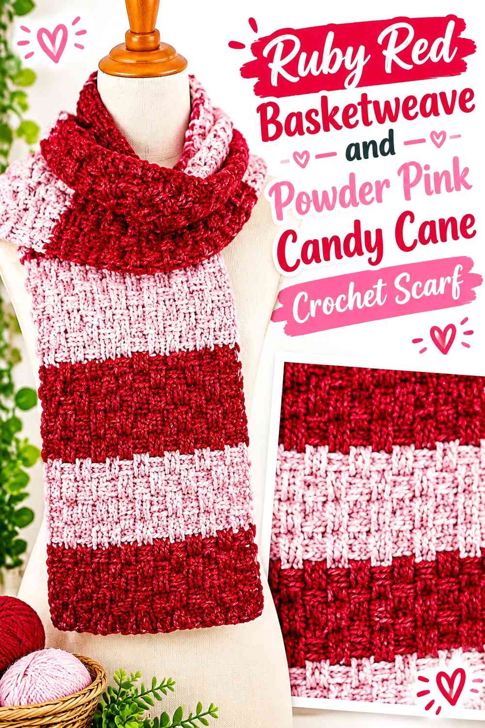 Ruby Red Basketweave and Powder Pink Candy Cane Crochet Scarf