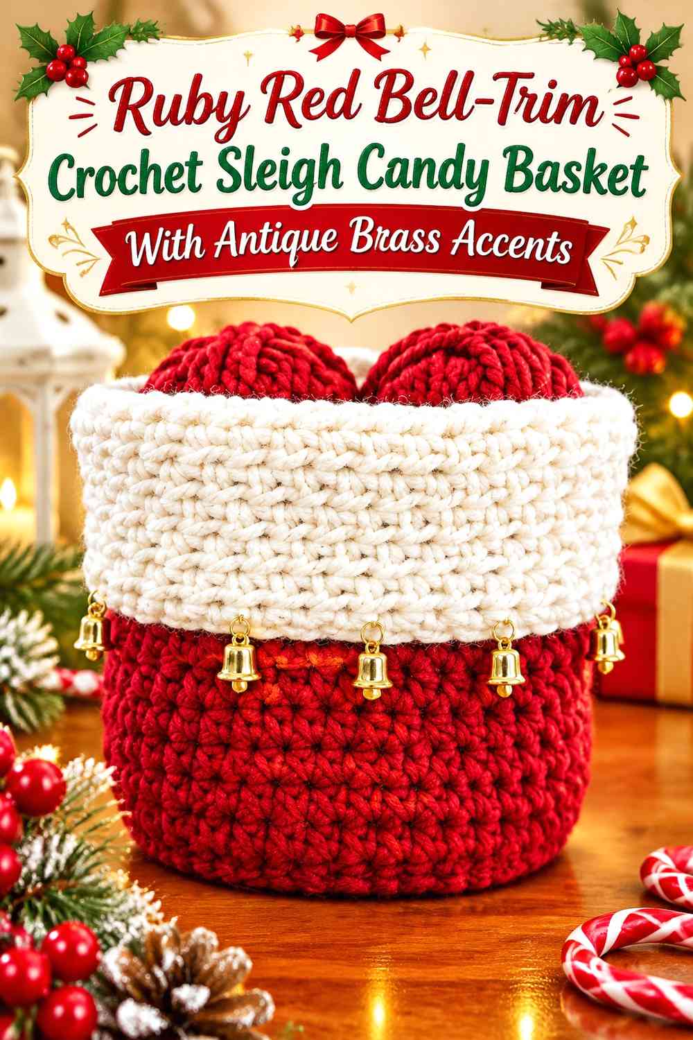 Ruby Red Bell-Trim Crochet Sleigh Candy Basket With Antique Brass Accents