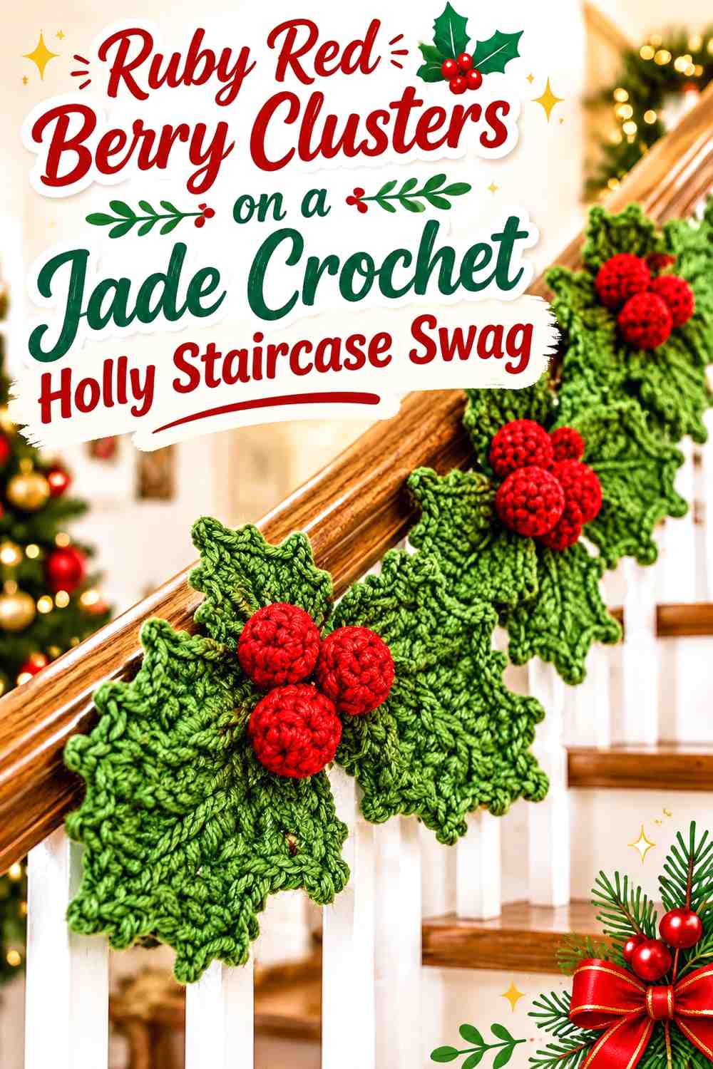 Ruby Red Berry Clusters on a Jade Crochet Holly Staircase Swag