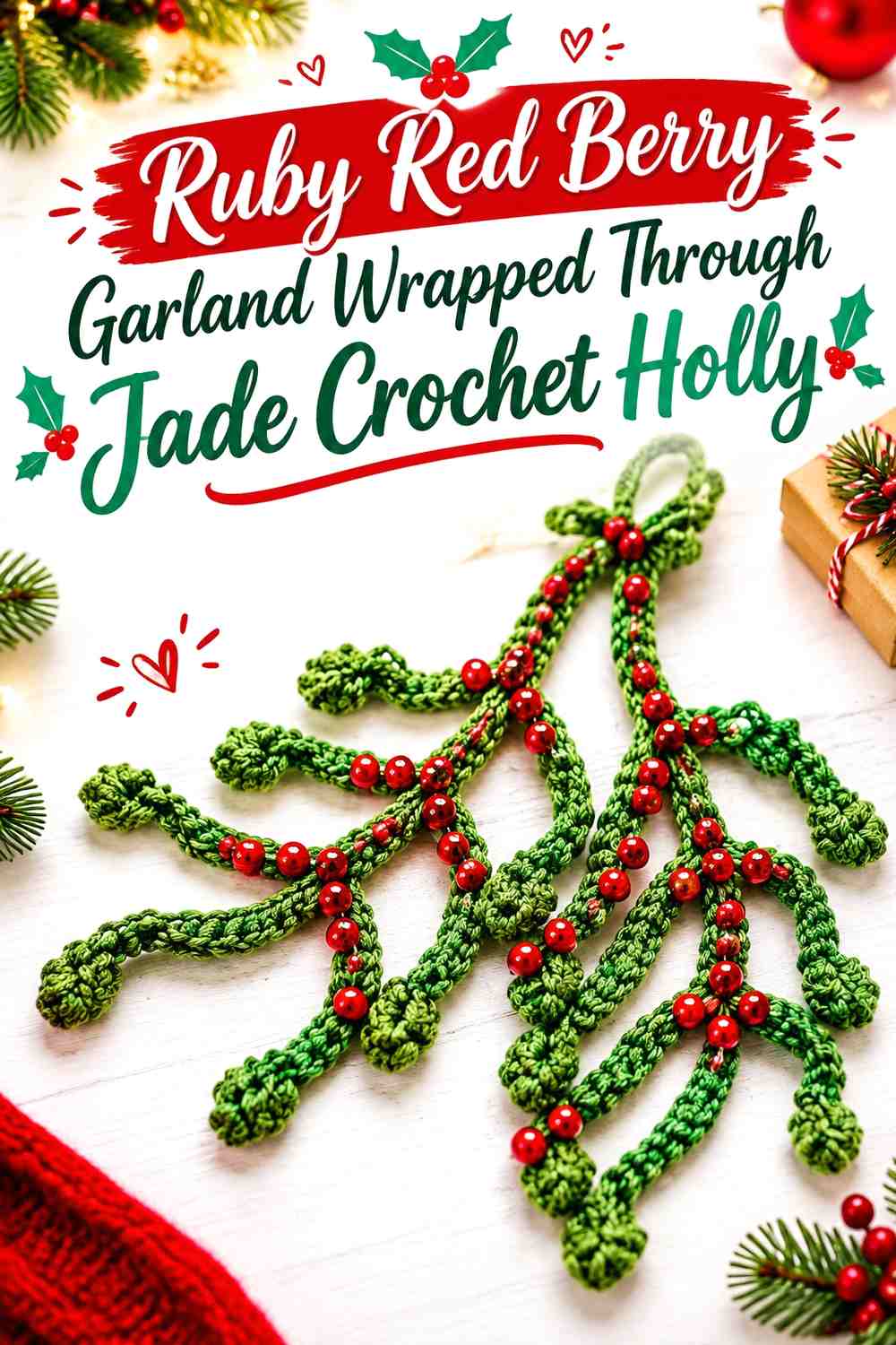 Ruby Red Berry Garland Wrapped Through Jade Crochet Holly