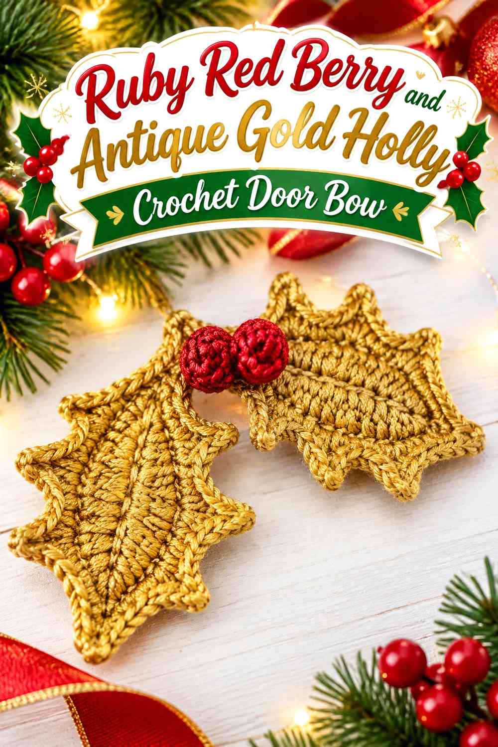 Ruby Red Berry and Antique Gold Holly Crochet Door Bow
