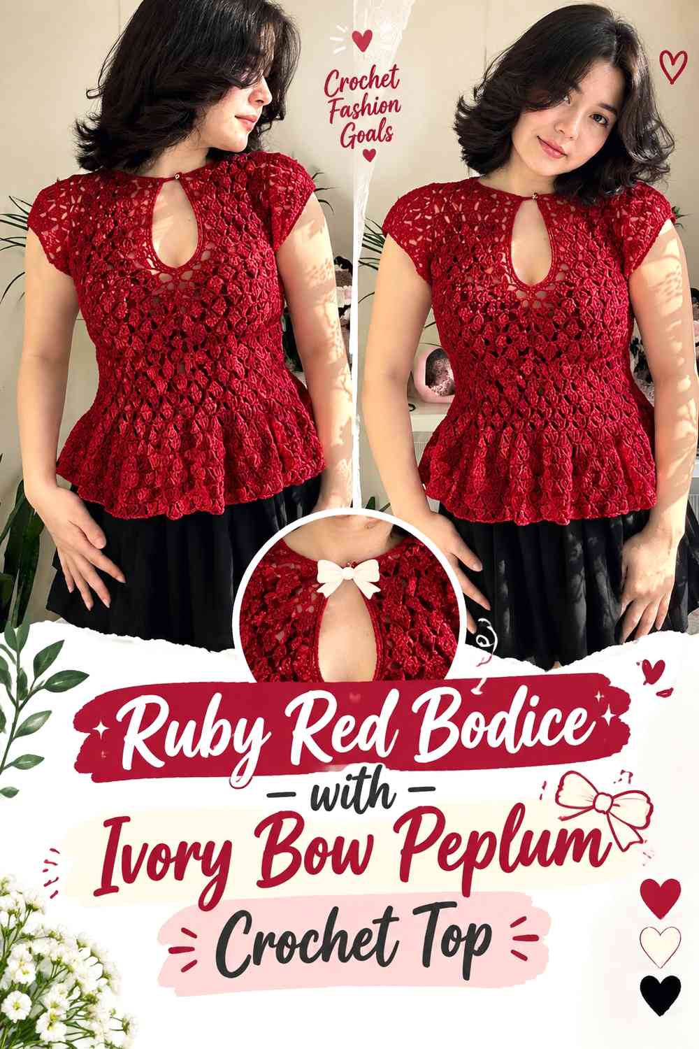 Ruby Red Bodice with Ivory Bow Peplum Crochet Top