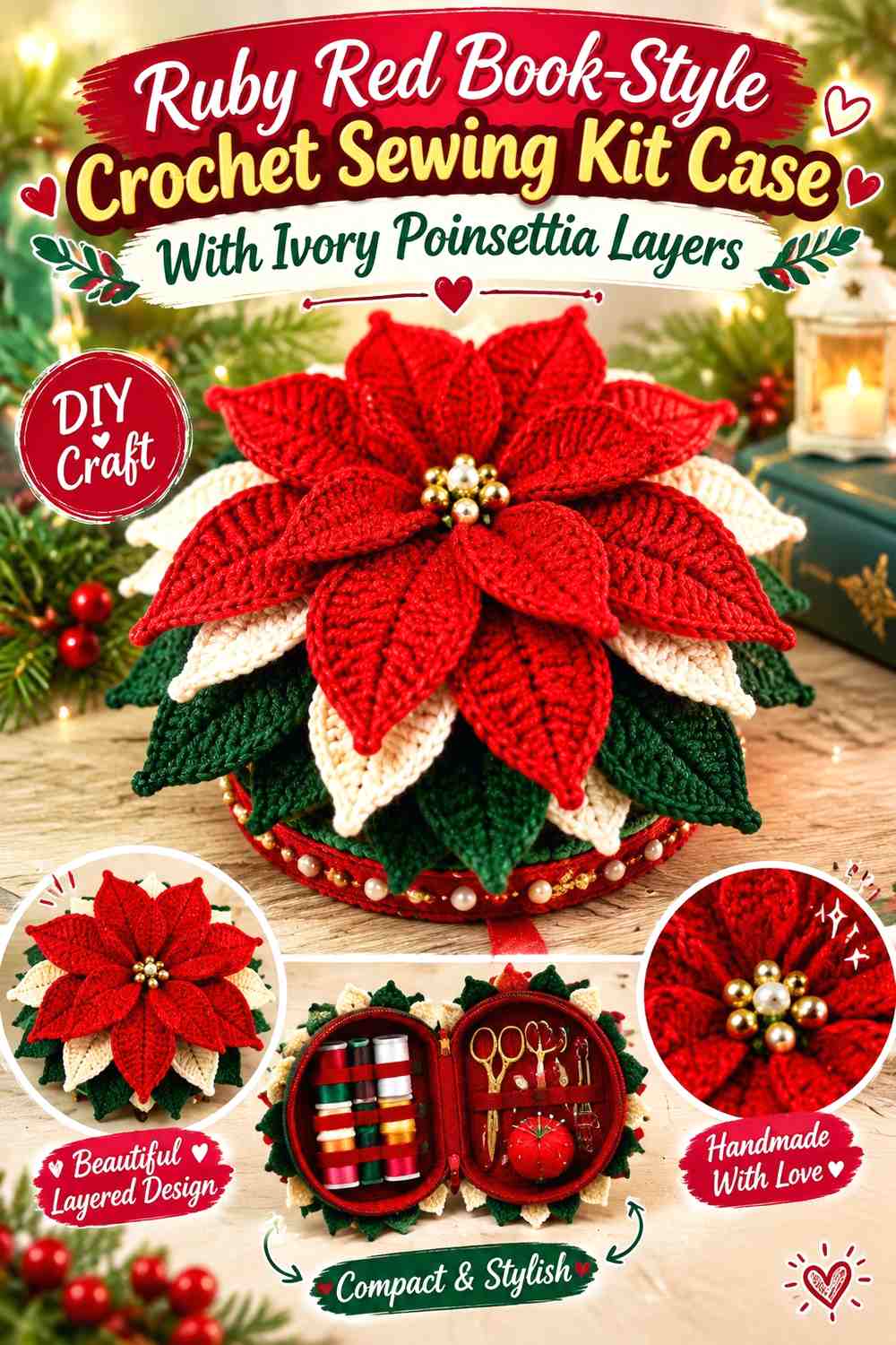 Ruby Red Book-Style Crochet Sewing Kit Case With Ivory Poinsettia Layers