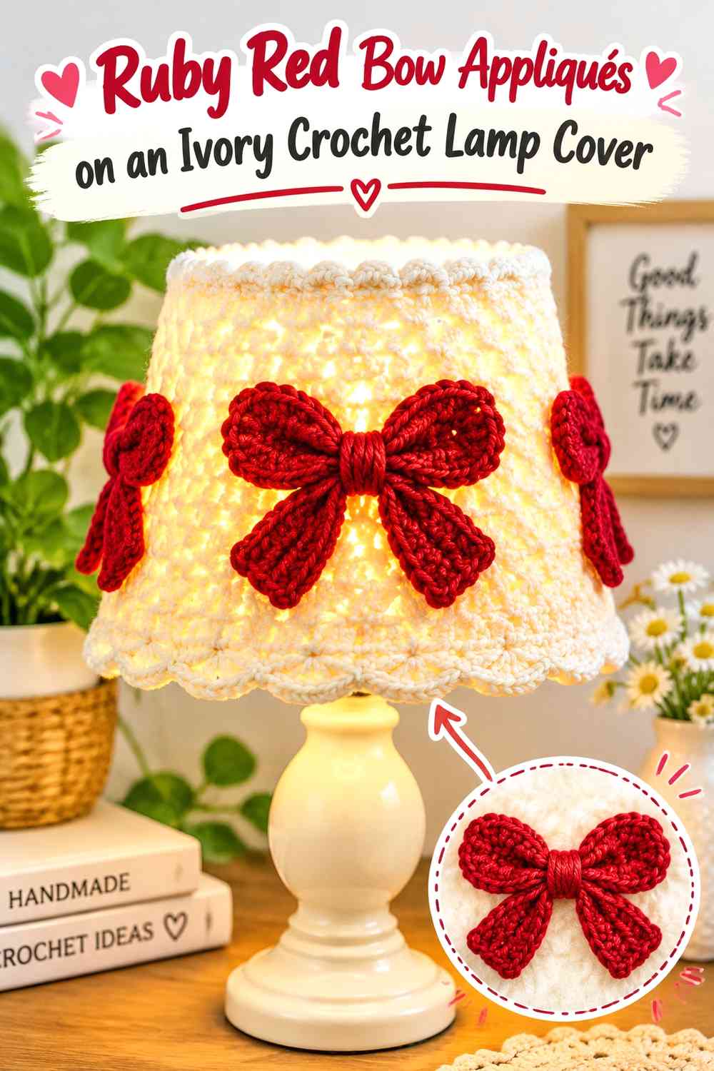 Ruby Red Bow Appliqués on an Ivory Crochet Lamp Cover