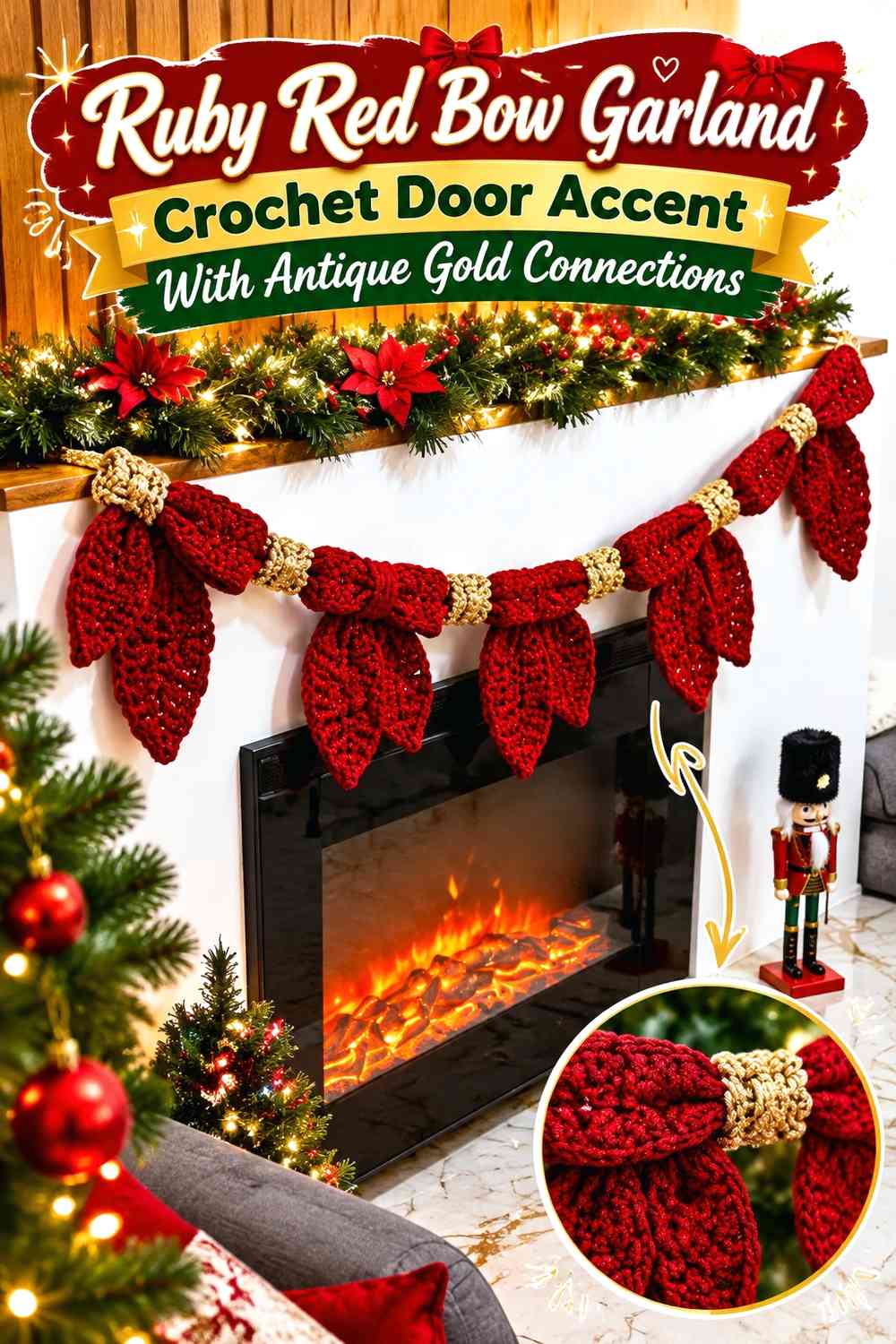 Ruby Red Bow Garland Crochet Door Accent With Antique Gold Connections