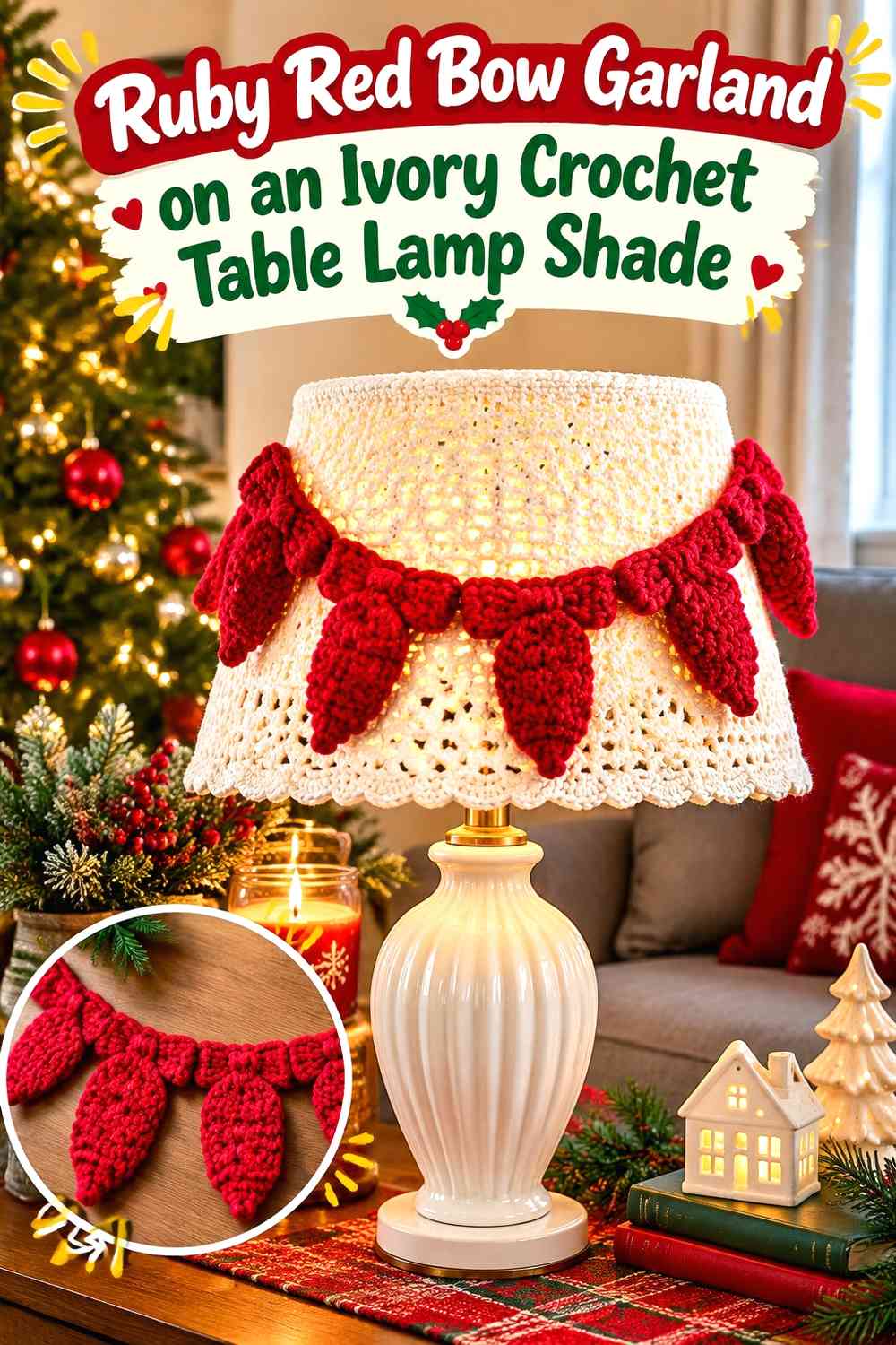 Ruby Red Bow Garland on an Ivory Crochet Table Lamp Shade