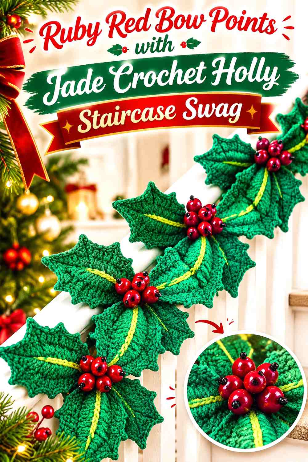 Ruby Red Bow Points with Jade Crochet Holly Staircase Swag