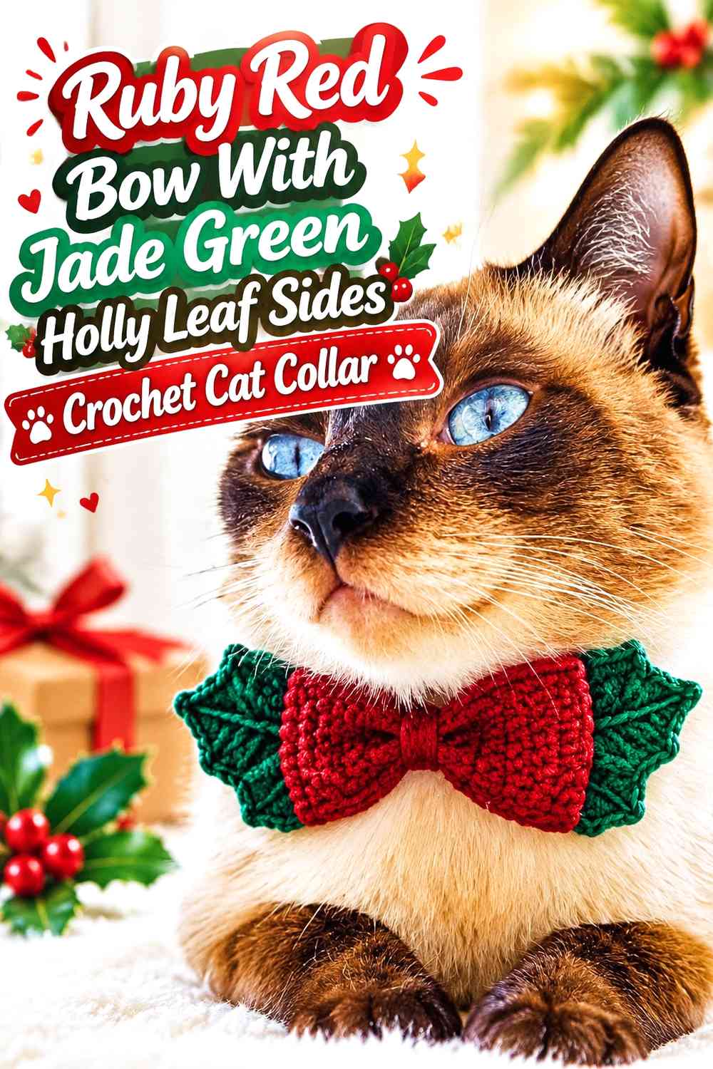 Ruby Red Bow With Jade Green Holly Leaf Sides Crochet Cat Collar