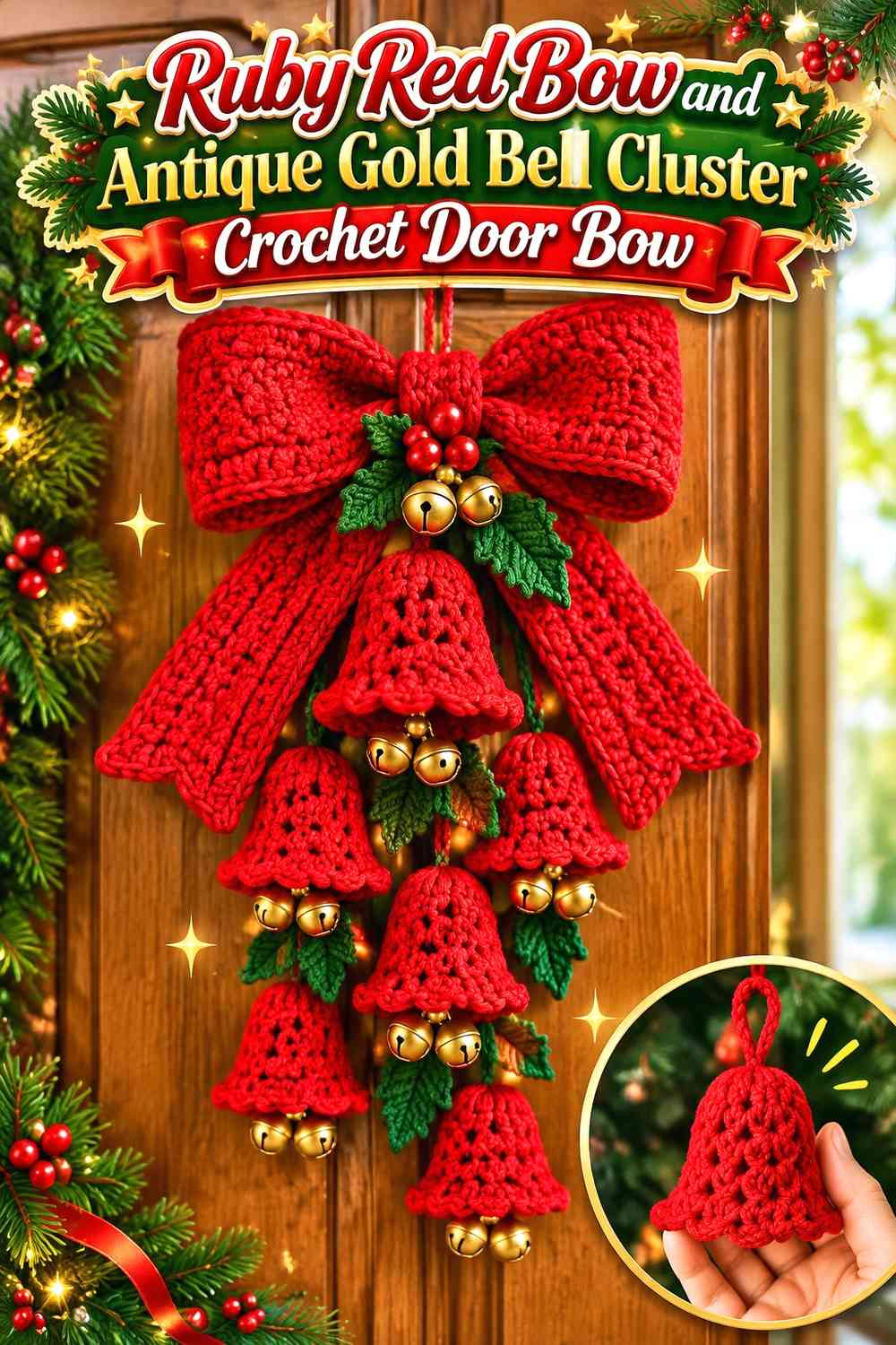 Ruby Red Bow and Antique Gold Bell Cluster Crochet Door Bow