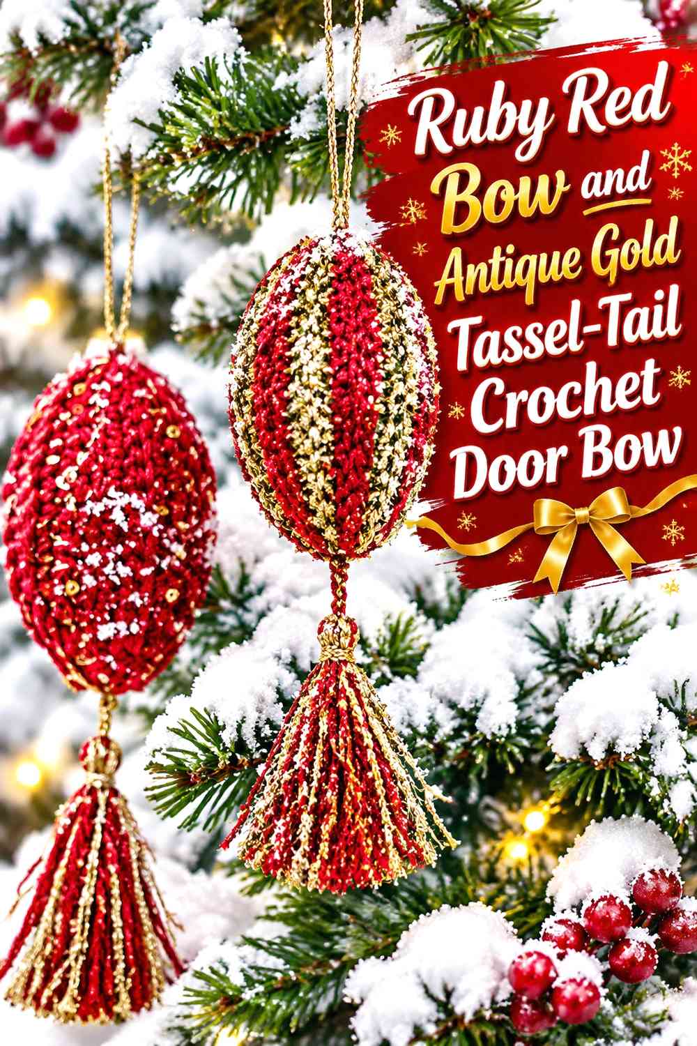 Ruby Red Bow and Antique Gold Tassel-Tail Crochet Door Bow