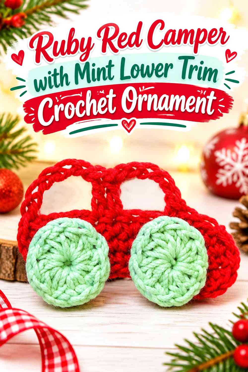 Ruby Red Camper with Mint Lower Trim Crochet Ornament
