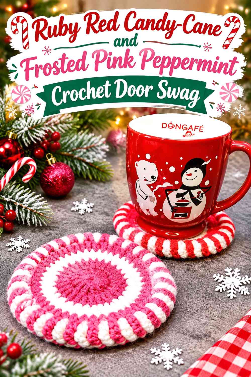 Ruby Red Candy-Cane and Frosted Pink Peppermint Crochet Door Swag