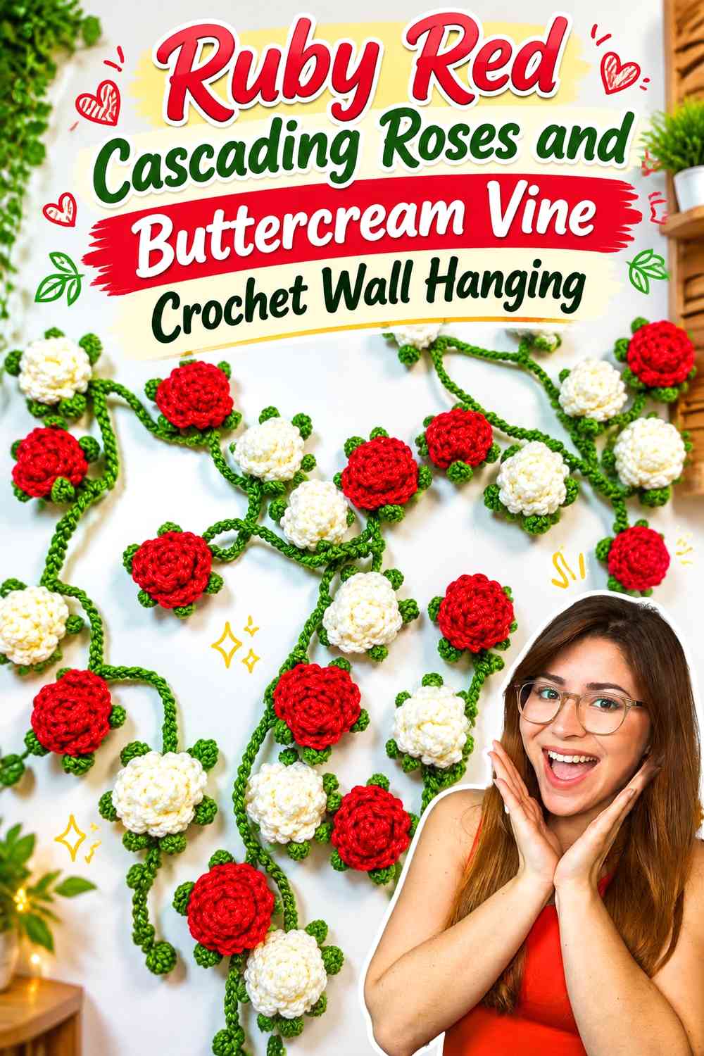 Ruby Red Cascading Roses and Buttercream Vine Crochet Wall Hanging
