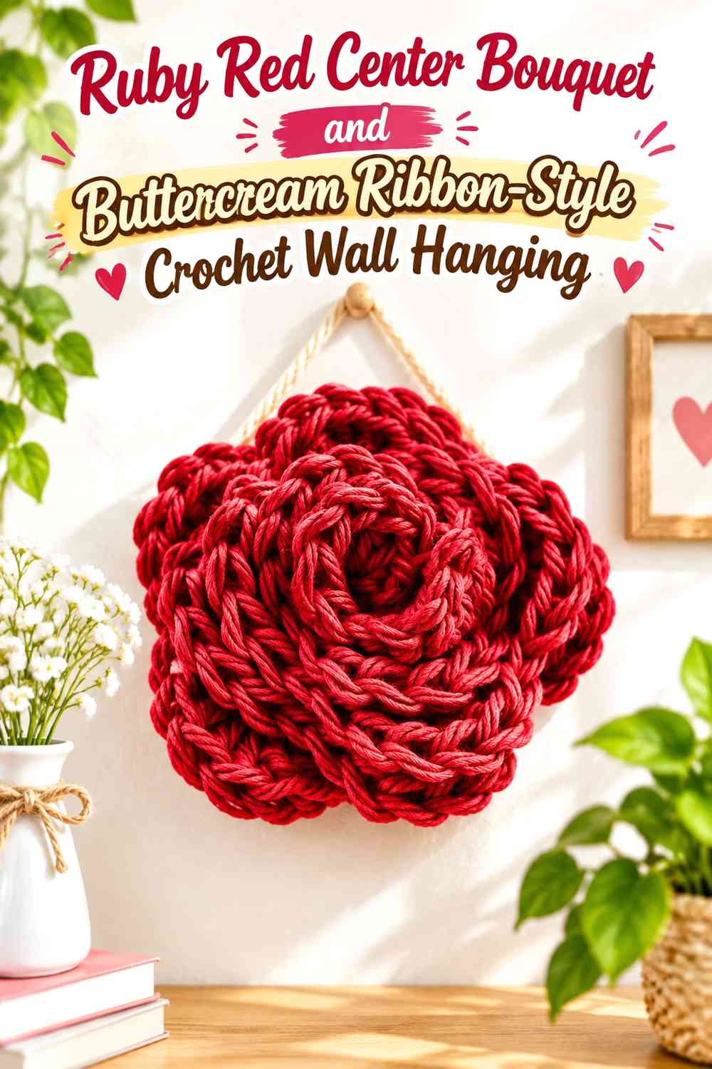 Ruby Red Center Bouquet and Buttercream Ribbon-Style Crochet Wall Hanging