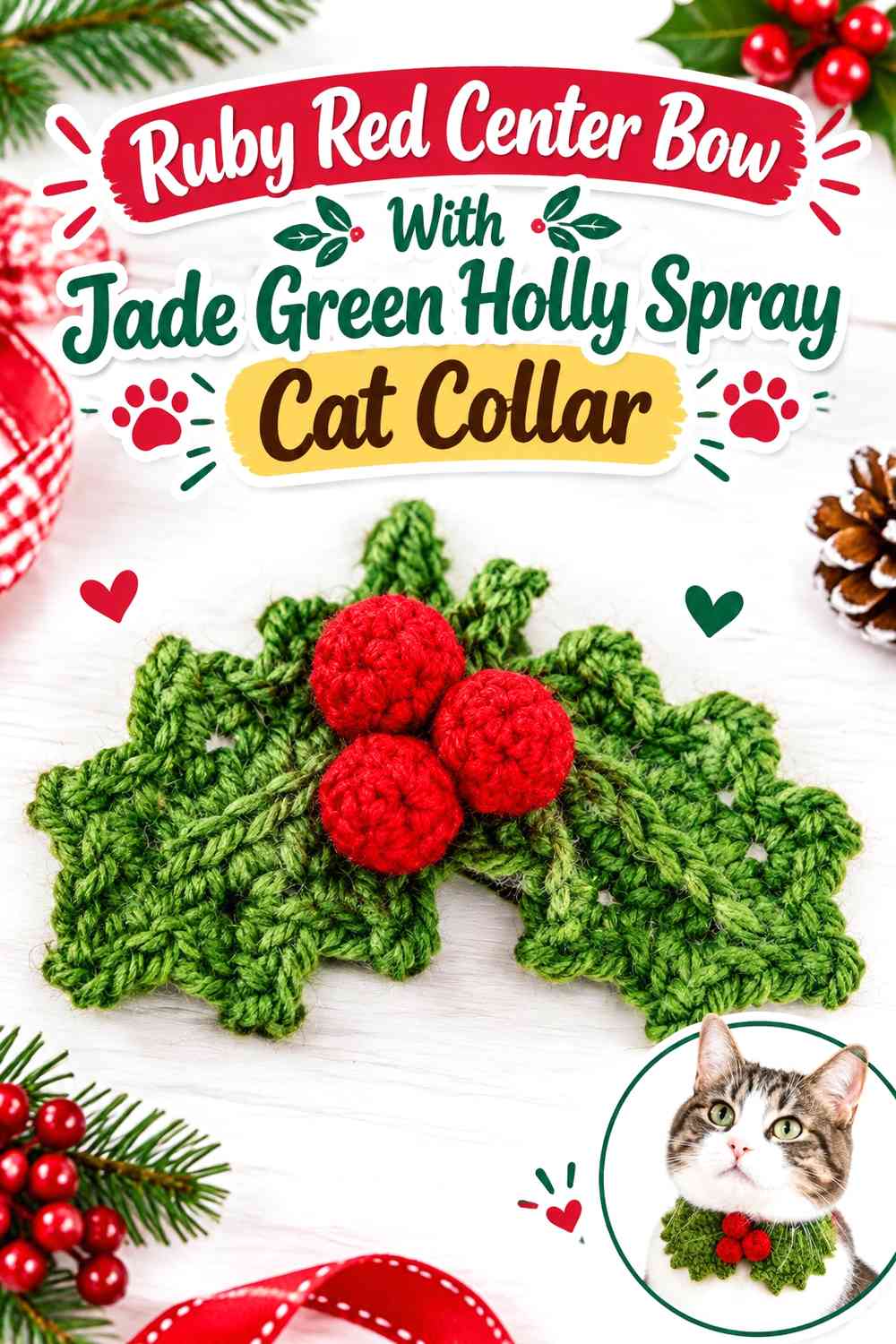Ruby Red Center Bow With Jade Green Holly Spray Cat Collar