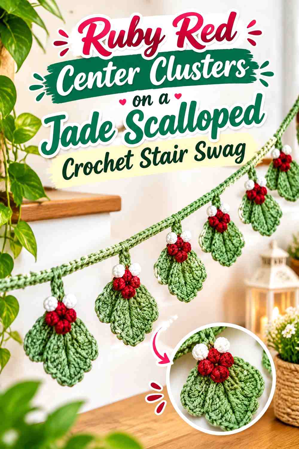Ruby Red Center Clusters on a Jade Scalloped Crochet Stair Swag