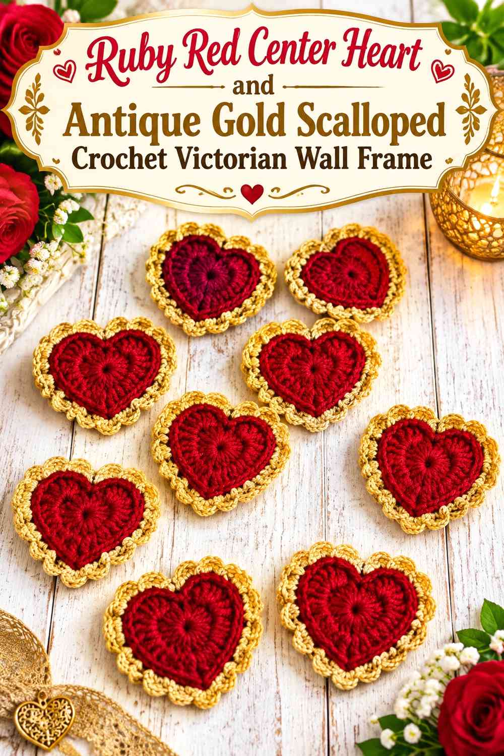 Ruby Red Center Heart and Antique Gold Scalloped Crochet Victorian Wall Frame
