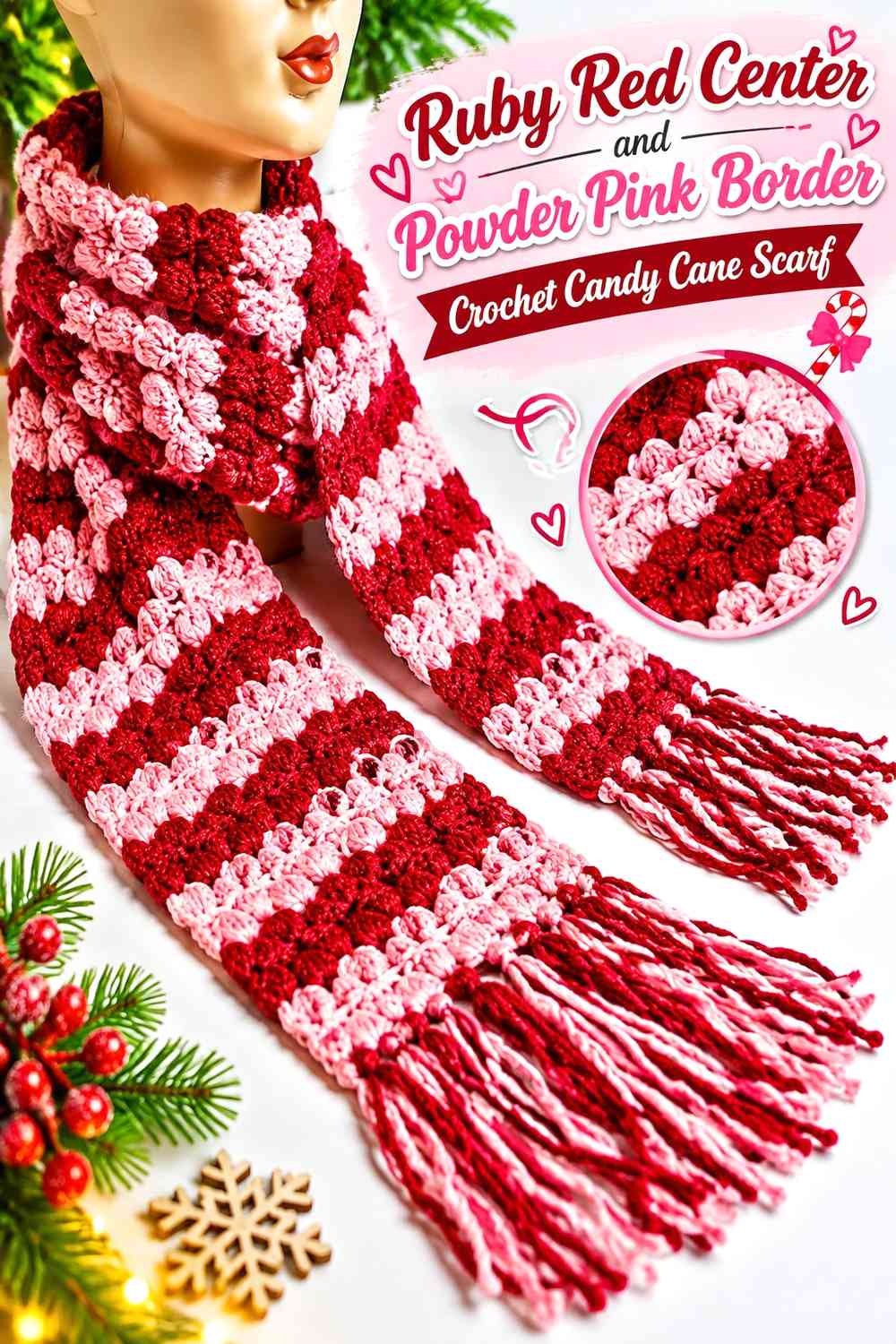 Ruby Red Center and Powder Pink Border Crochet Candy Cane Scarf
