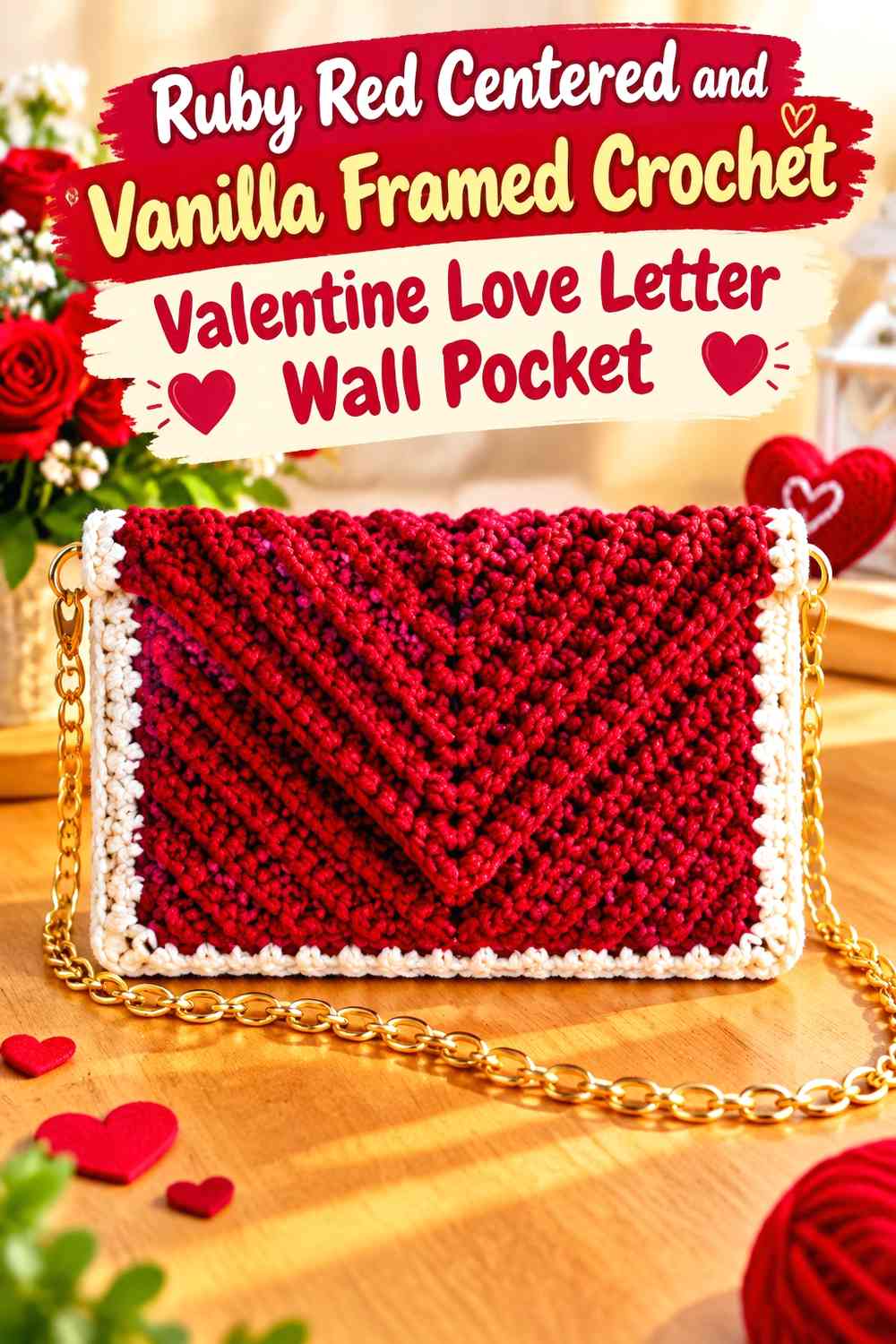 Ruby Red Centered and Vanilla Framed Crochet Valentine Love Letter Wall Pocket