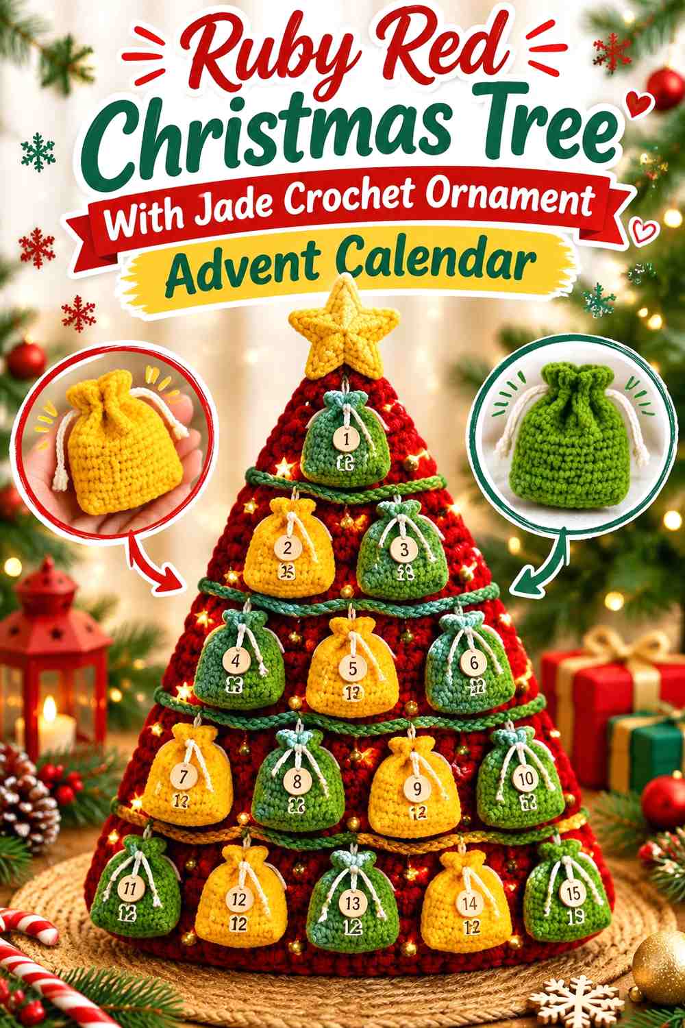 Ruby Red Christmas Tree With Jade Crochet Ornament Advent Calendar