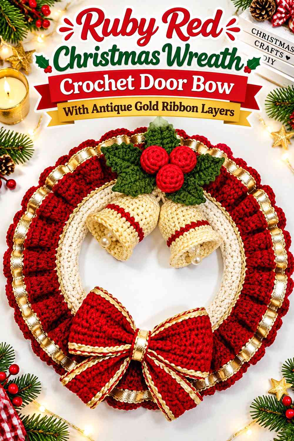 Ruby Red Christmas Wreath Crochet Door Bow With Antique Gold Ribbon Layers