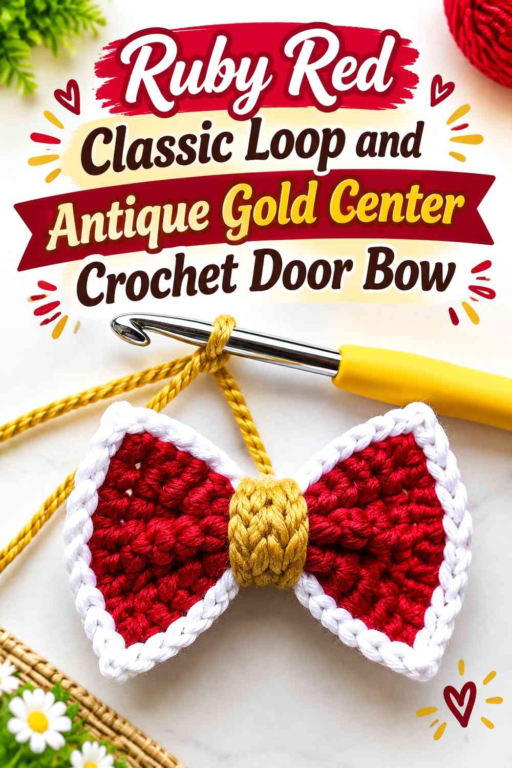 Ruby Red Classic Loop and Antique Gold Center Crochet Door Bow