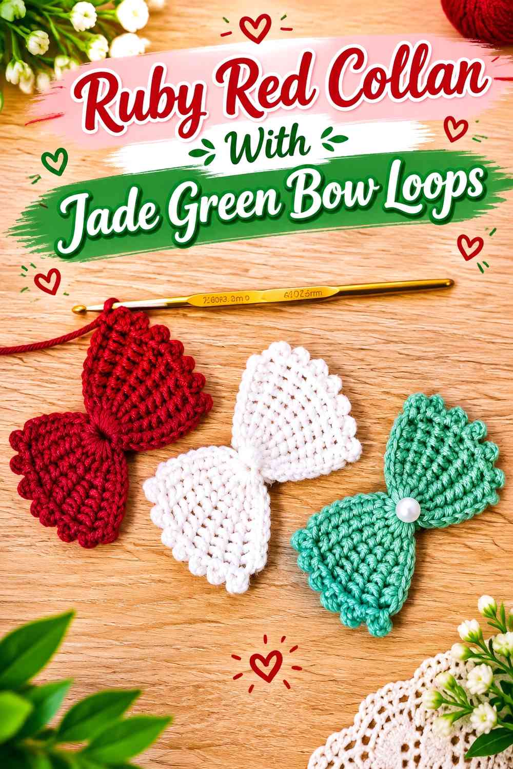 Ruby Red Collar With Jade Green Bow Loops