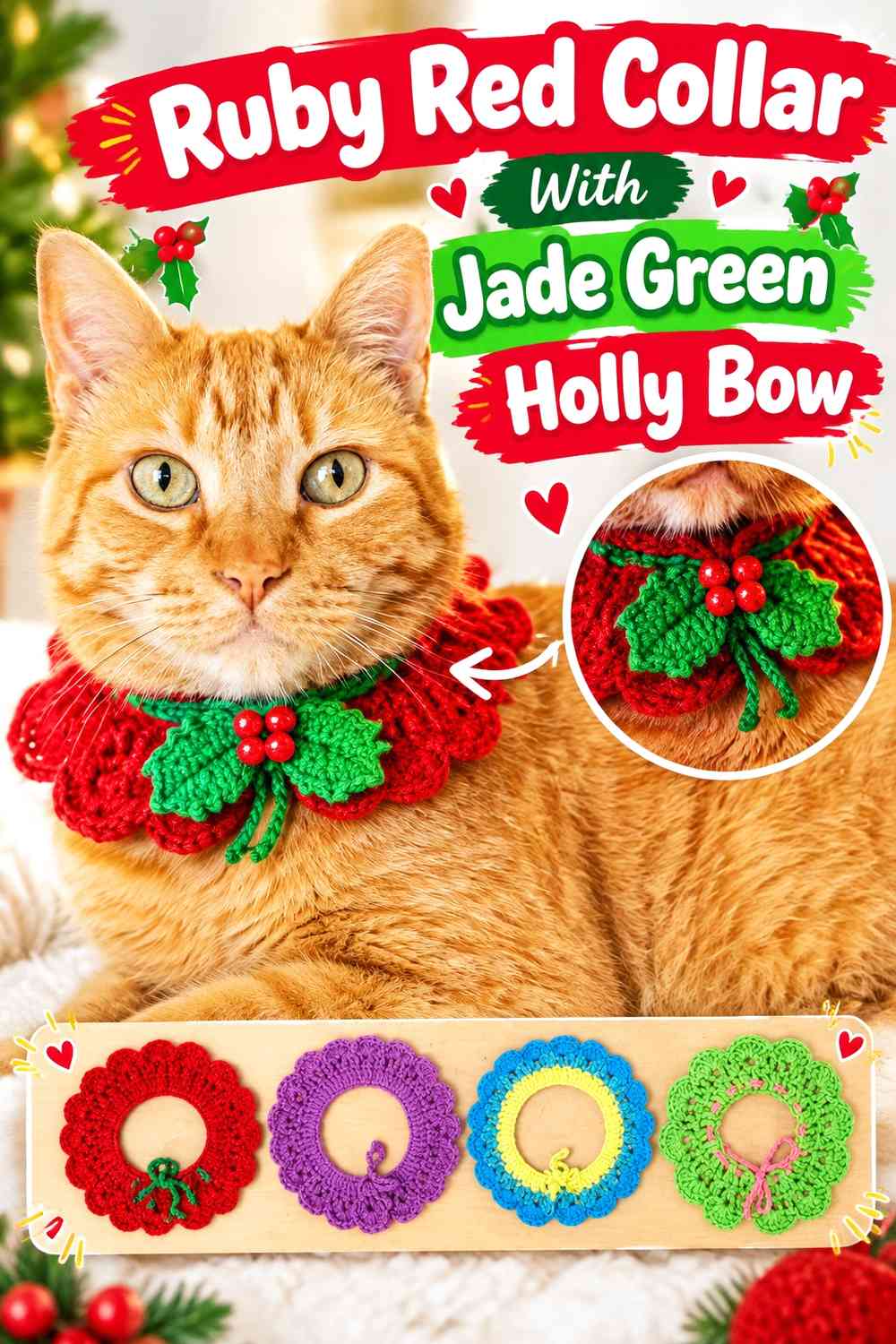 Ruby Red Collar With Jade Green Holly Bow