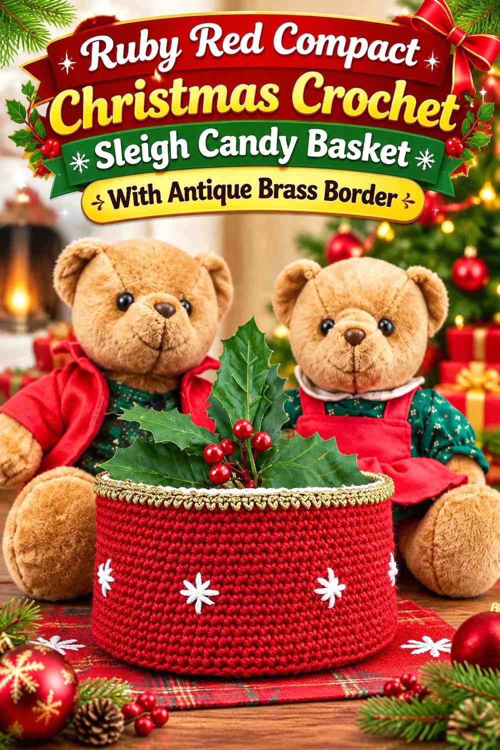Ruby Red Compact Christmas Crochet Sleigh Candy Basket With Antique Brass Border