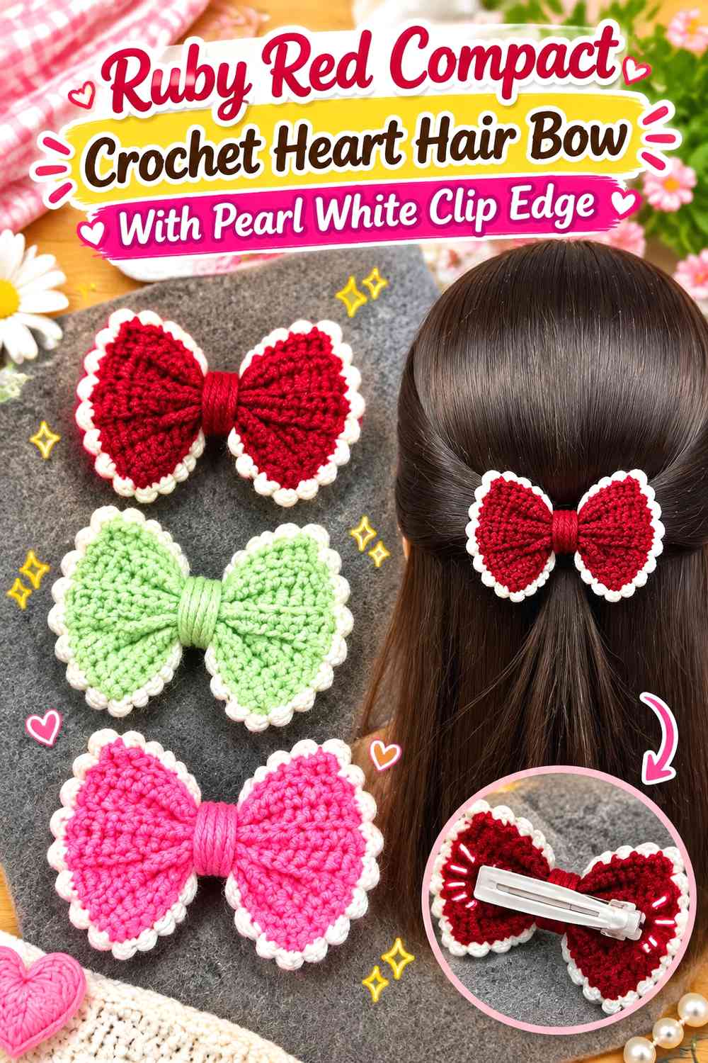 Ruby Red Compact Crochet Heart Hair Bow With Pearl White Clip Edge