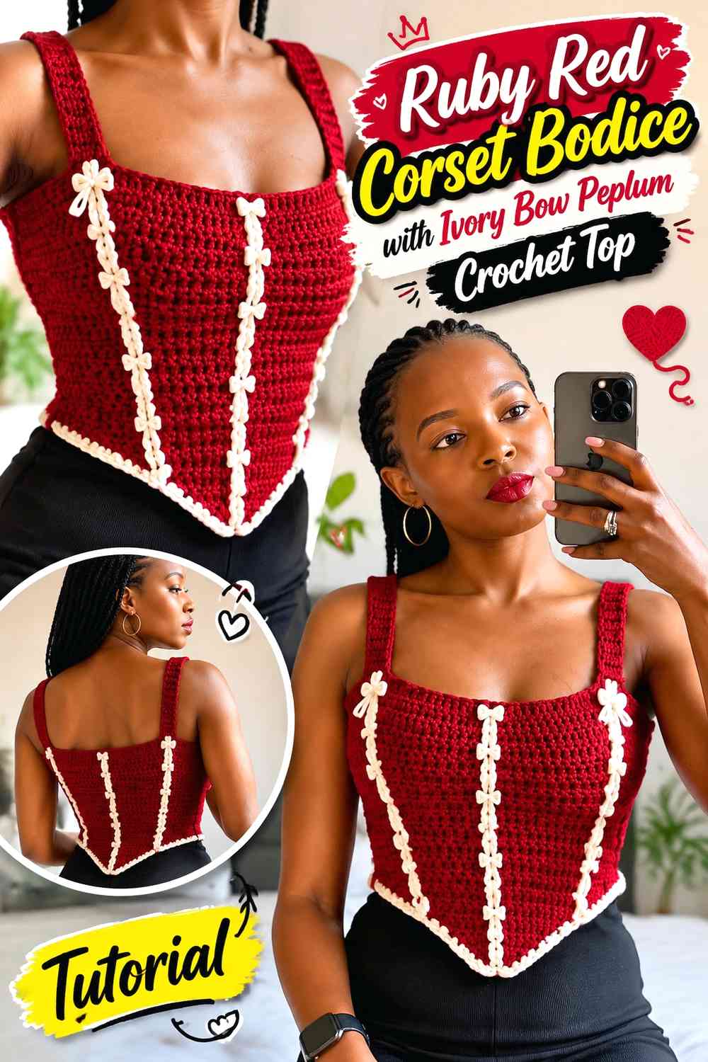 Ruby Red Corset Bodice with Ivory Bow Peplum Crochet Top