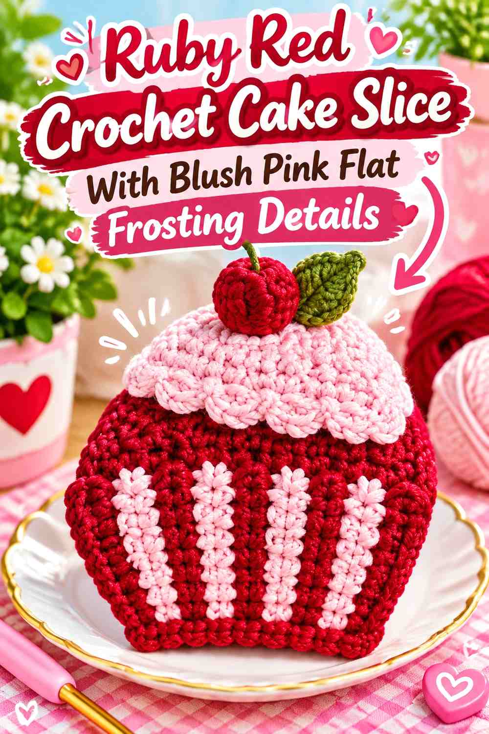 Ruby Red Crochet Cake Slice With Blush Pink Flat Frosting Details