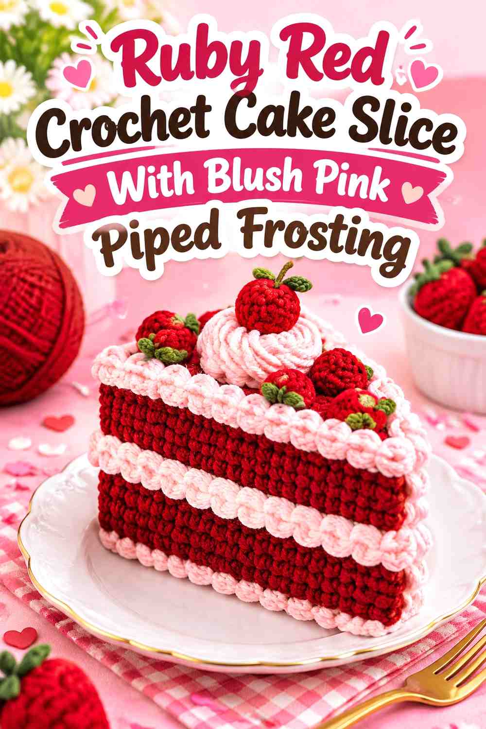 Ruby Red Crochet Cake Slice With Blush Pink Piped Frosting