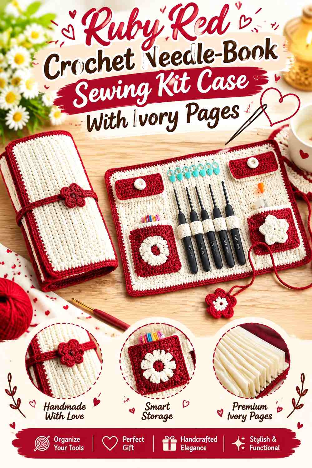 Ruby Red Crochet Needle-Book Sewing Kit Case With Ivory Pages