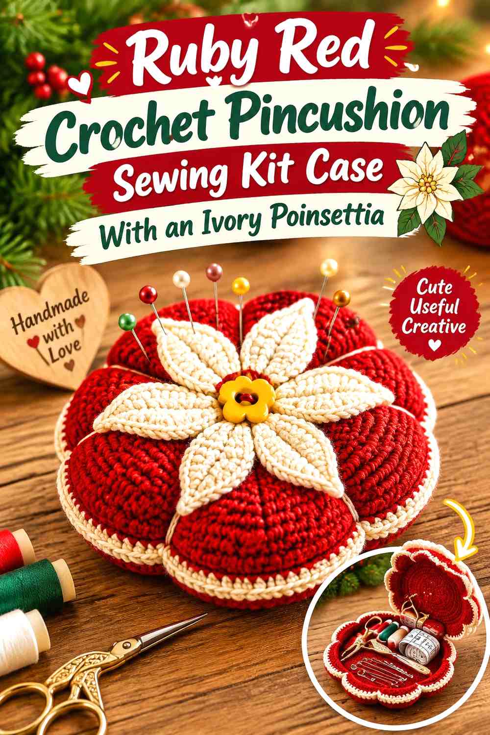 Ruby Red Crochet Pincushion Sewing Kit Case With an Ivory Poinsettia