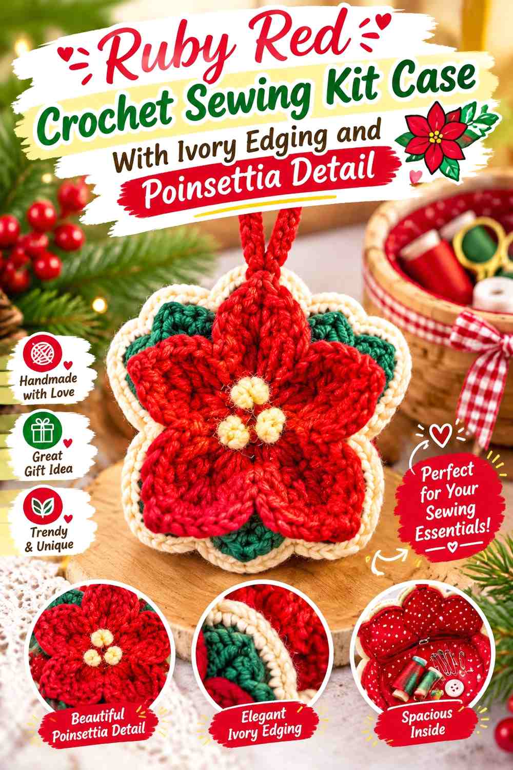 Ruby Red Crochet Sewing Kit Case With Ivory Edging and Poinsettia Detail