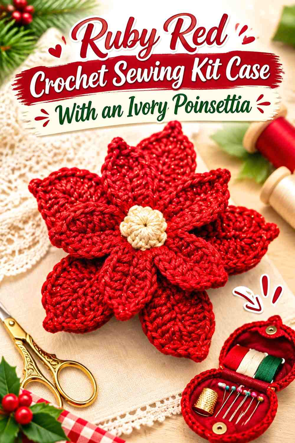 Ruby Red Crochet Sewing Kit Case With an Ivory Poinsettia