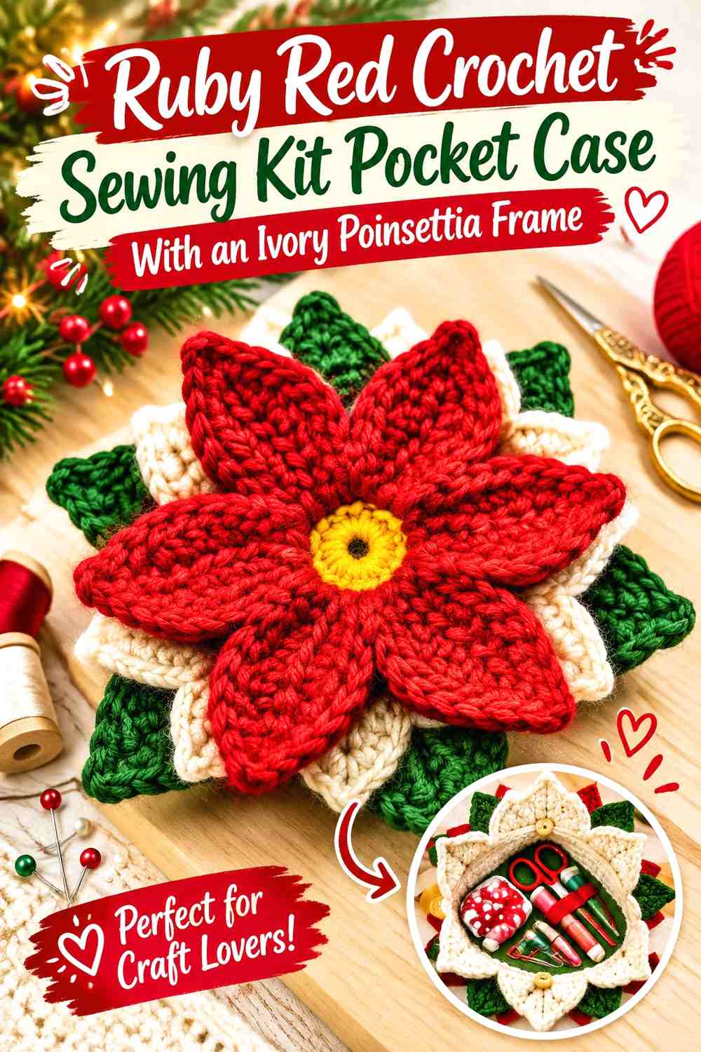 Ruby Red Crochet Sewing Kit Pocket Case With an Ivory Poinsettia Frame