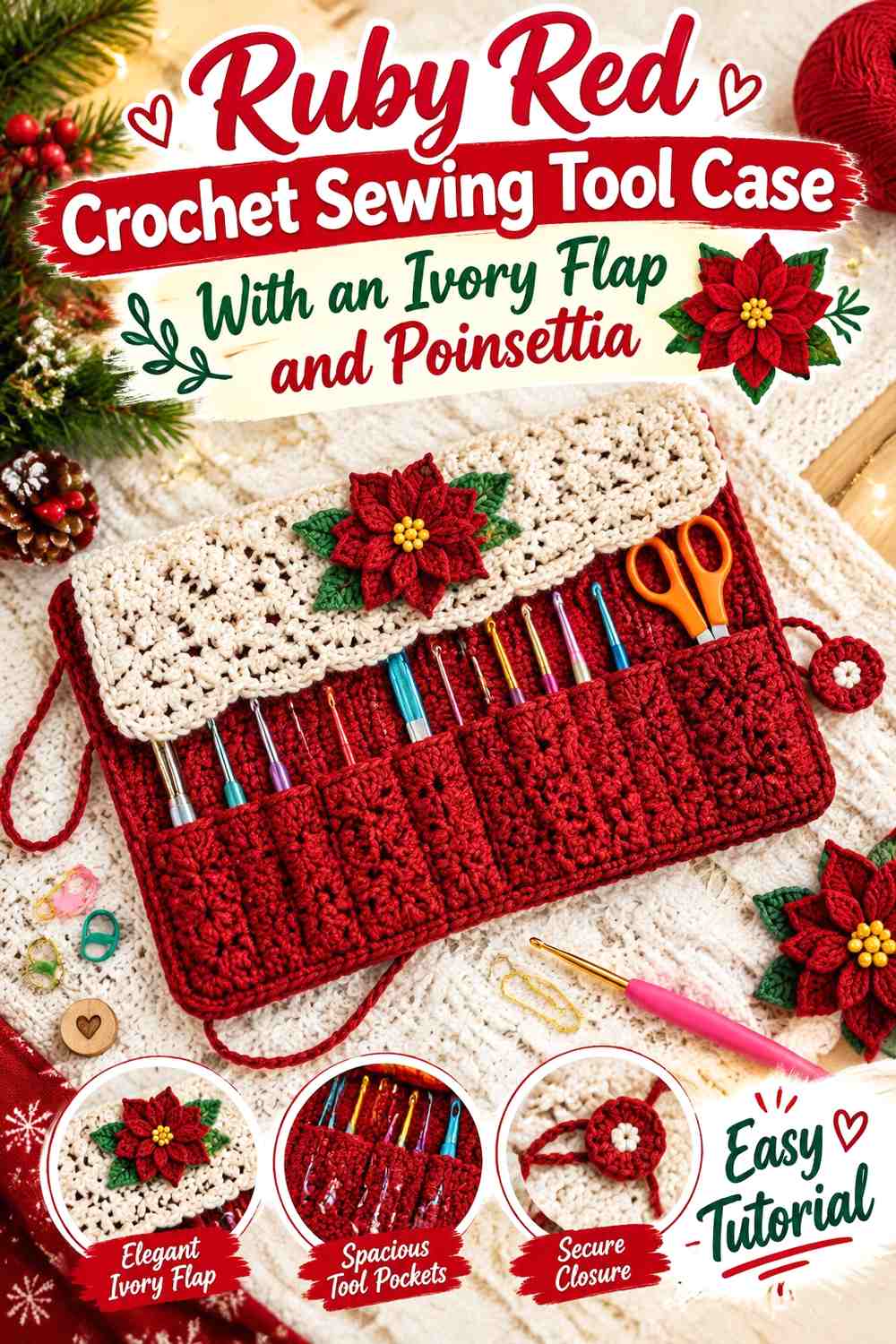 Ruby Red Crochet Sewing Tool Case With an Ivory Flap and Poinsettia