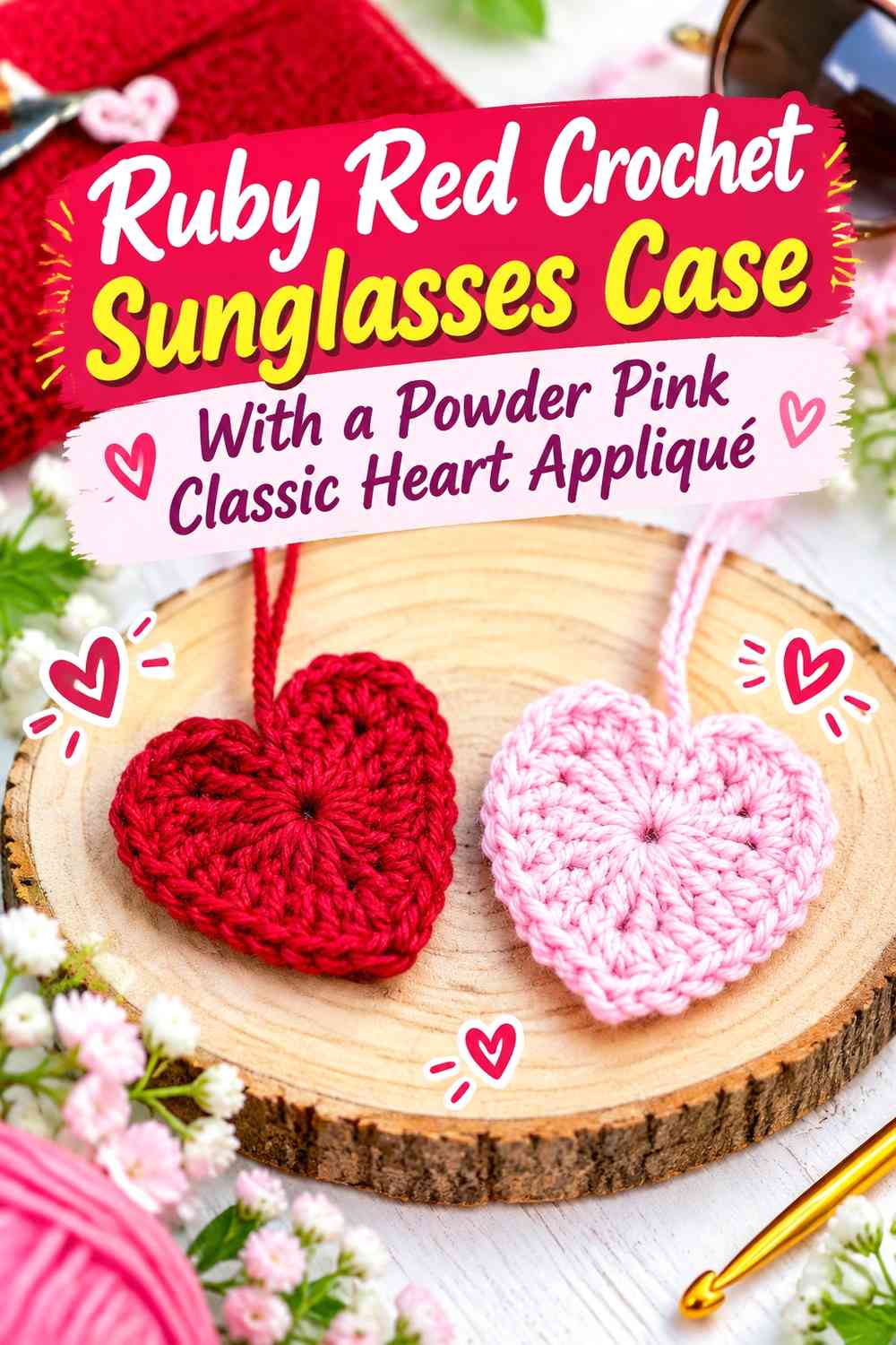 Ruby Red Crochet Sunglasses Case With a Powder Pink Classic Heart Appliqué