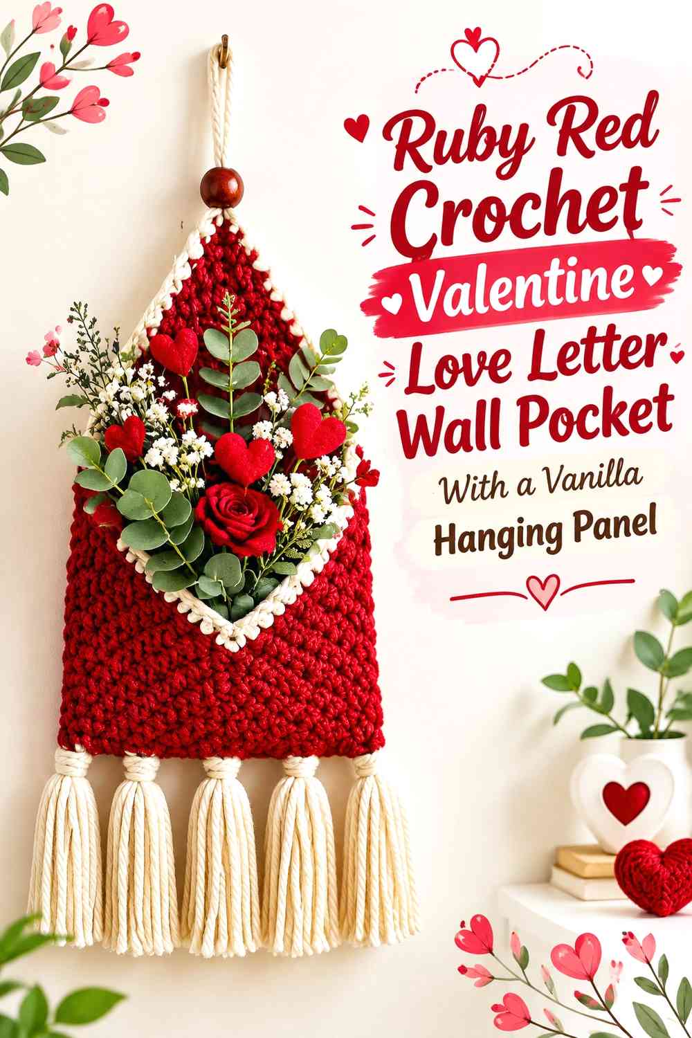 Ruby Red Crochet Valentine Love Letter Wall Pocket With a Vanilla Hanging Panel