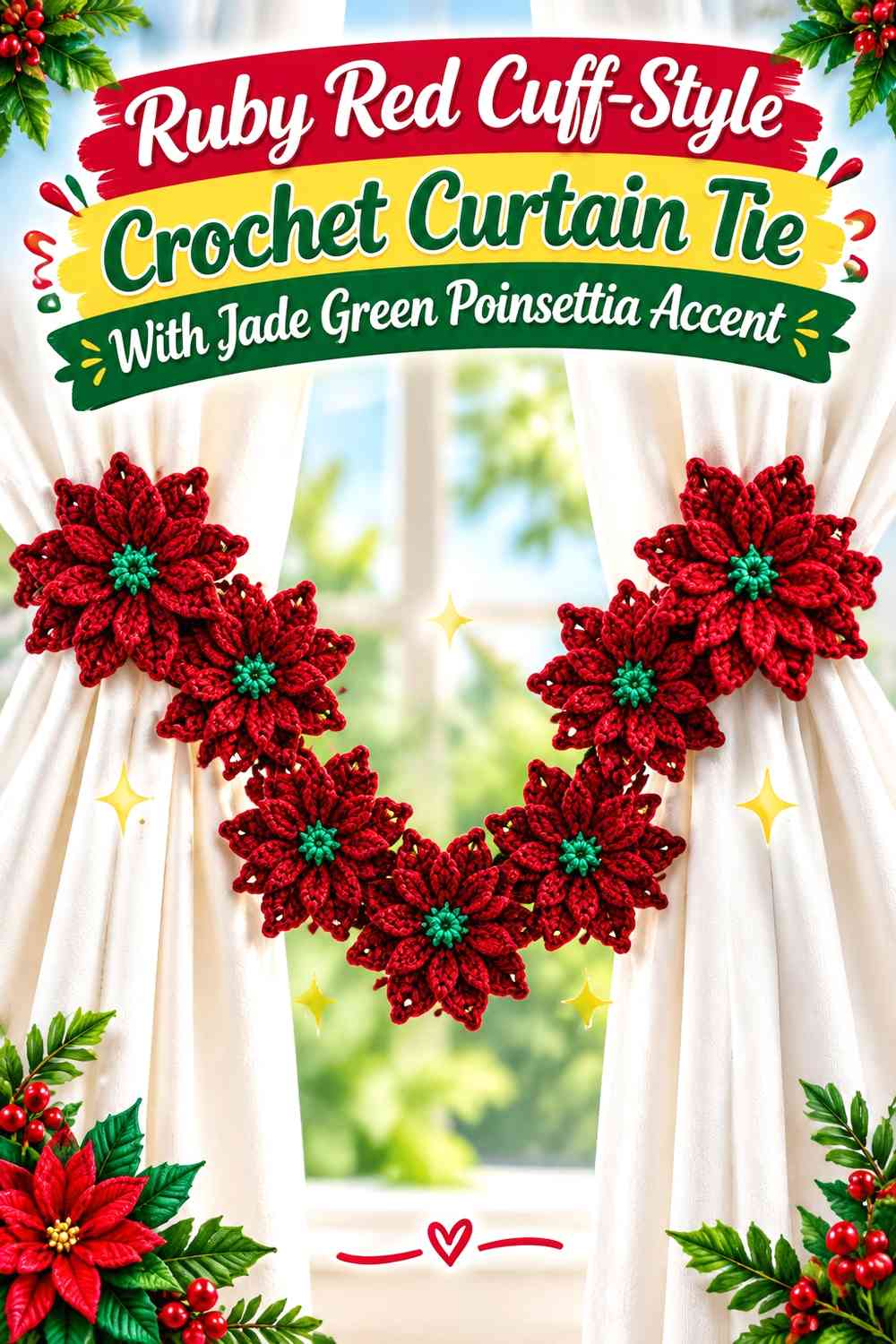 Ruby Red Cuff-Style Crochet Curtain Tie With Jade Green Poinsettia Accent