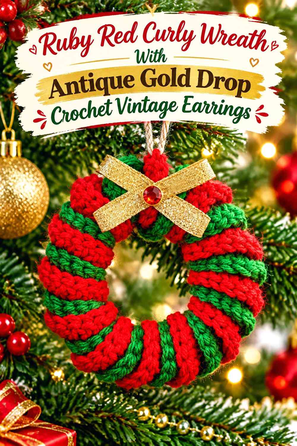 Ruby Red Curly Wreath With Antique Gold Drop Crochet Vintage Earrings