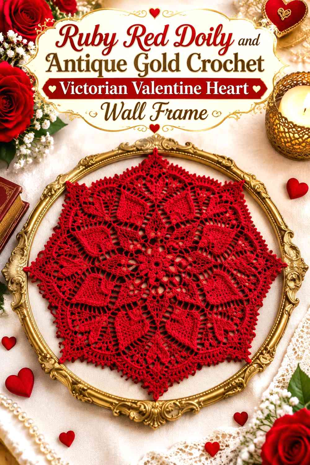 Ruby Red Doily and Antique Gold Crochet Victorian Valentine Heart Wall Frame