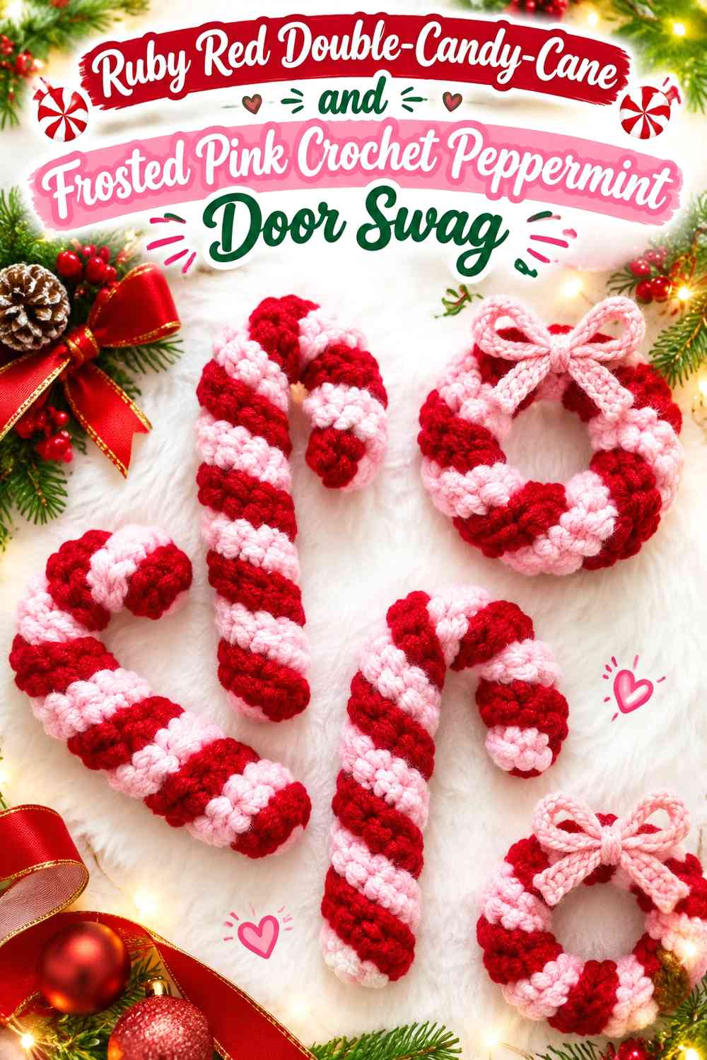 Ruby Red Double-Candy-Cane and Frosted Pink Crochet Peppermint Door Swag