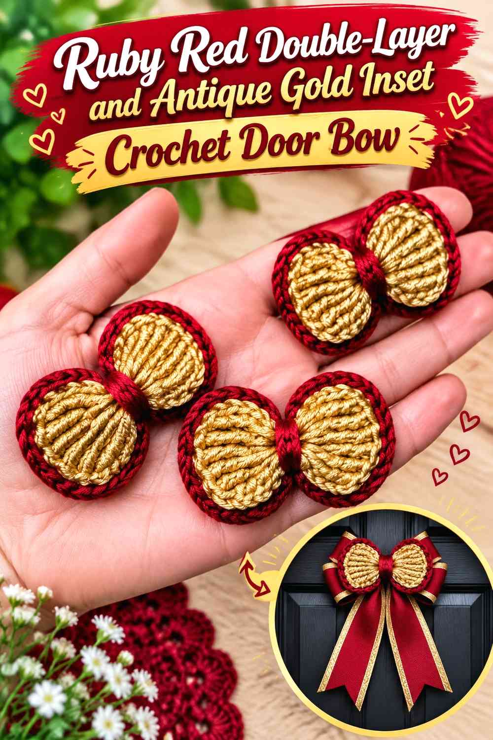 Ruby Red Double-Layer and Antique Gold Inset Crochet Door Bow