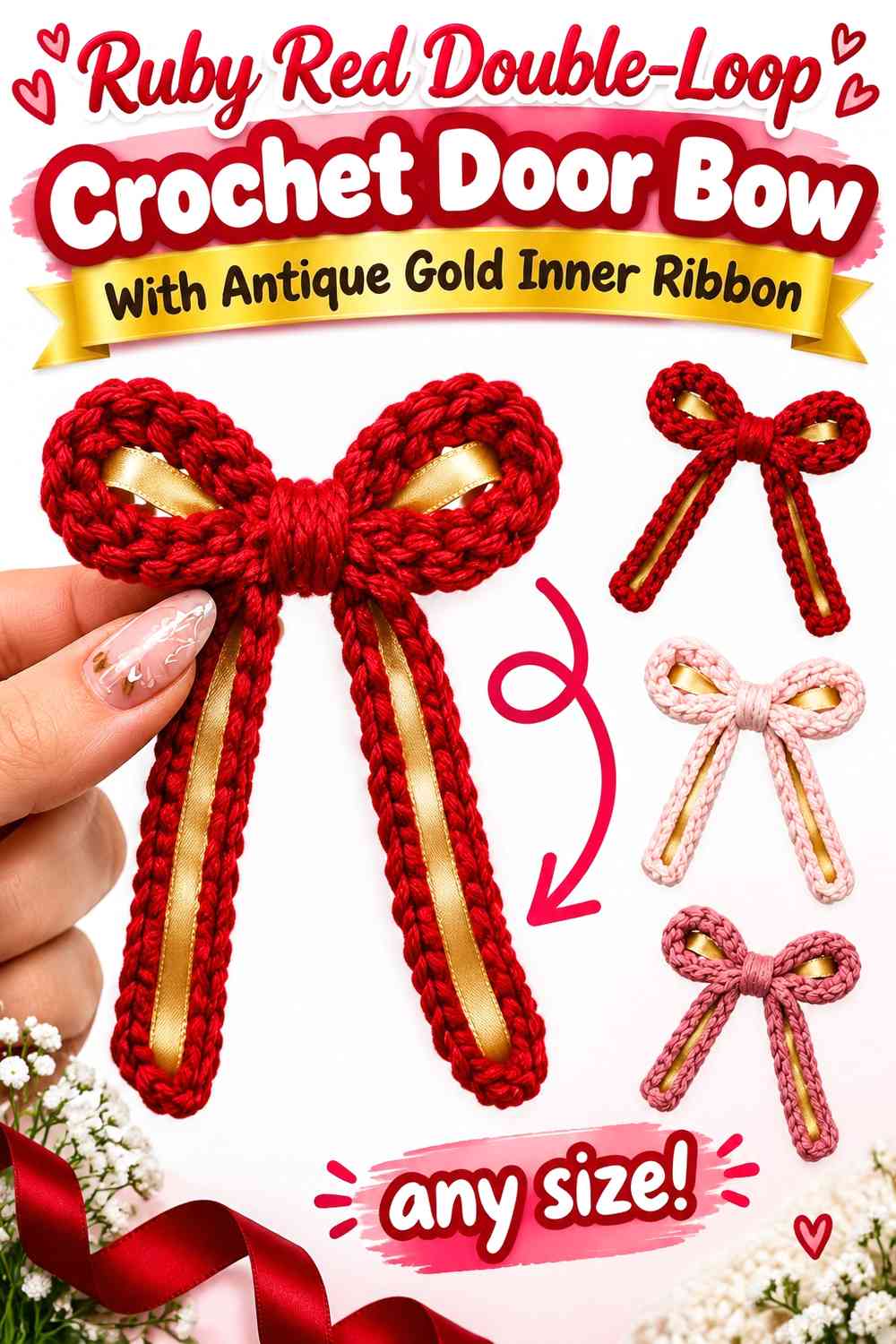 Ruby Red Double-Loop Crochet Door Bow With Antique Gold Inner Ribbon