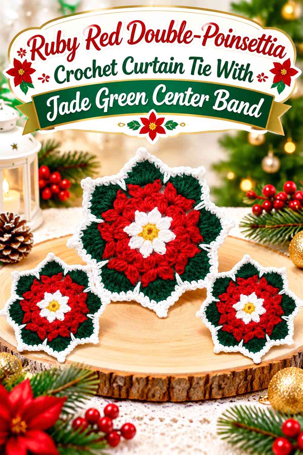 Ruby Red Double-Poinsettia Crochet Curtain Tie With Jade Green Center Band