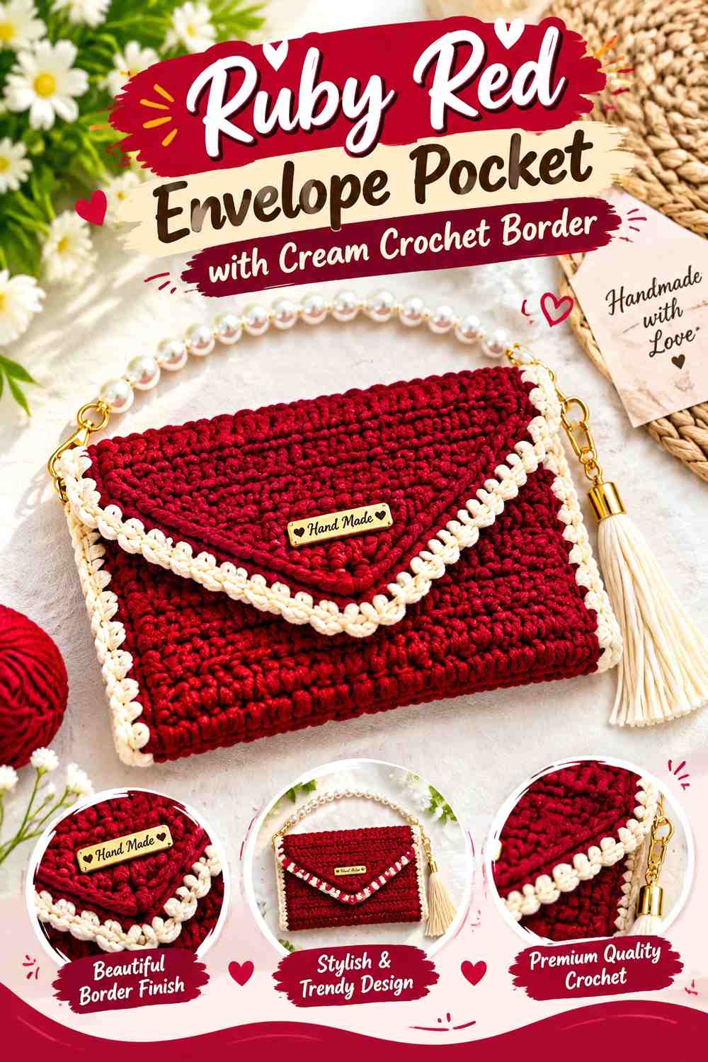 Ruby Red Envelope Pocket with Cream Crochet Border